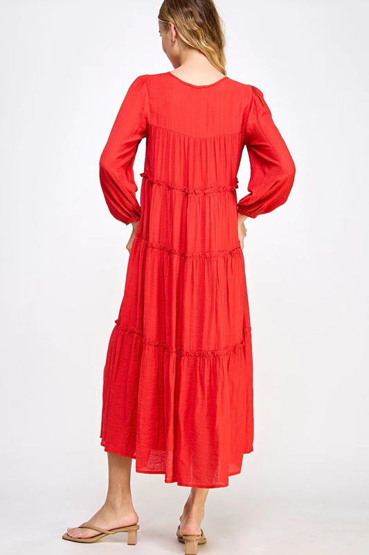 SOLID WOVEN TIERED CASUAL MIDI DRESS