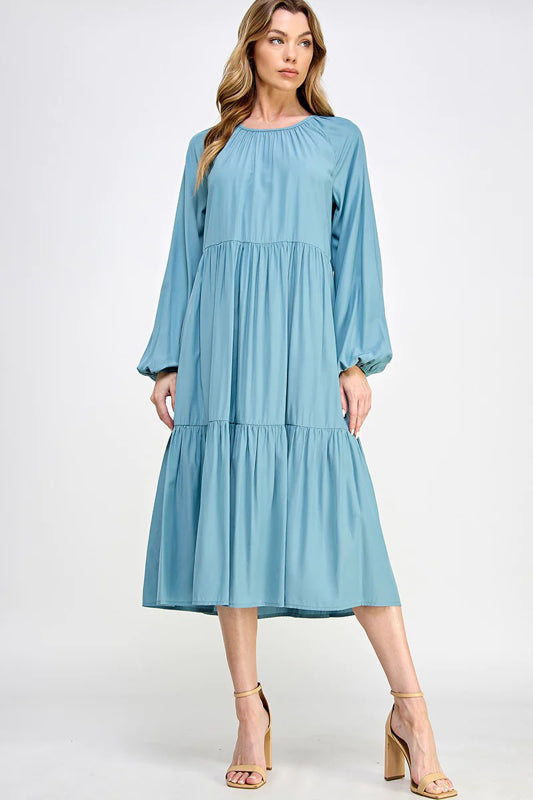 SOLID WOVEN TIERED CASUAL MIDI DRESS