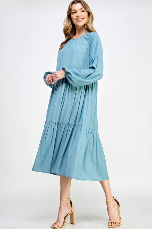 SOLID WOVEN TIERED CASUAL MIDI DRESS