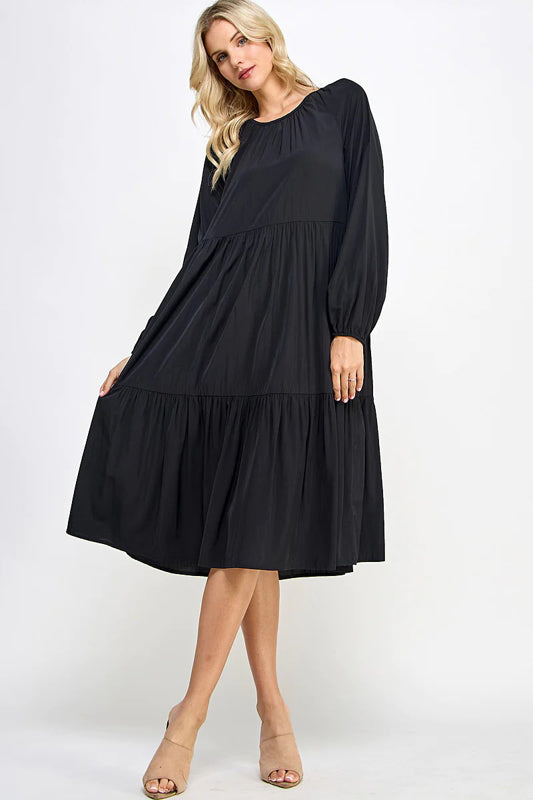 SOLID WOVEN TIERED CASUAL MIDI DRESS