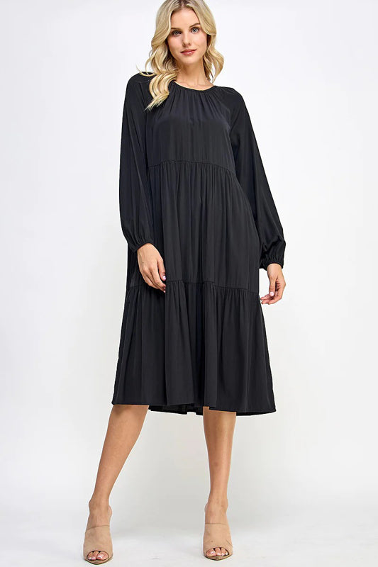 SOLID WOVEN TIERED CASUAL MIDI DRESS