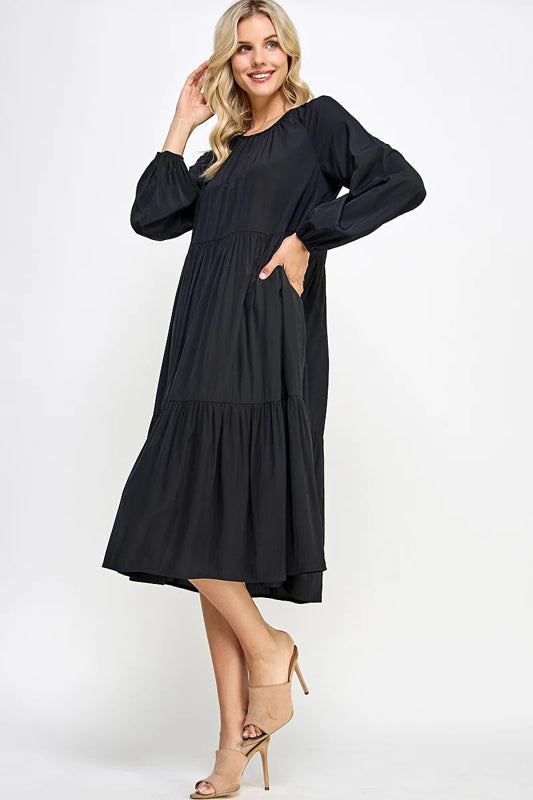 SOLID WOVEN TIERED CASUAL MIDI DRESS