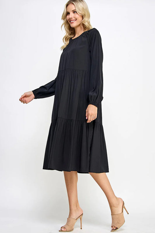 SOLID WOVEN TIERED CASUAL MIDI DRESS