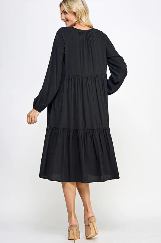 SOLID WOVEN TIERED CASUAL MIDI DRESS