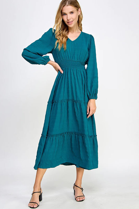 SOLID TEXTURED WOVEN TIERED CASUAL MIDI DRESS