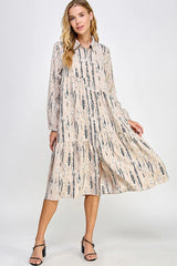 PRINTED WOVEN BUTTON DOWN TIERED BLOUSE MIDI DRESS