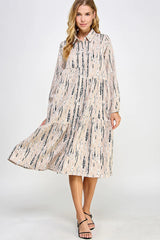 PRINTED WOVEN BUTTON DOWN TIERED BLOUSE MIDI DRESS