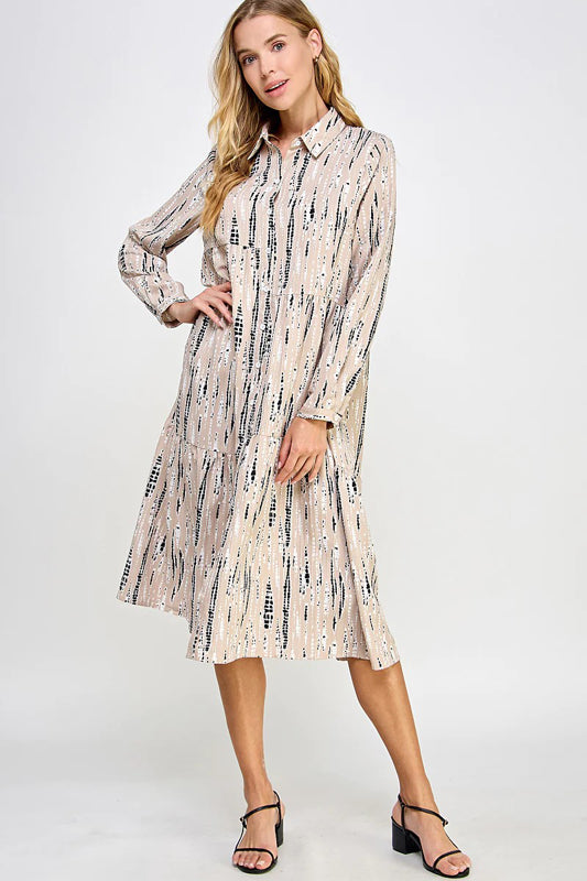 PRINTED WOVEN BUTTON DOWN TIERED BLOUSE MIDI DRESS