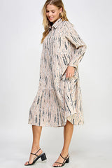 PRINTED WOVEN BUTTON DOWN TIERED BLOUSE MIDI DRESS