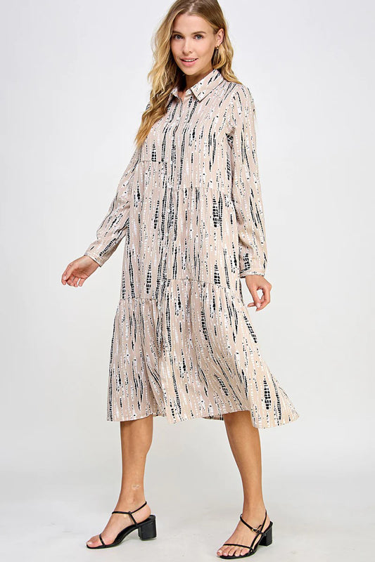 PRINTED WOVEN BUTTON DOWN TIERED BLOUSE MIDI DRESS