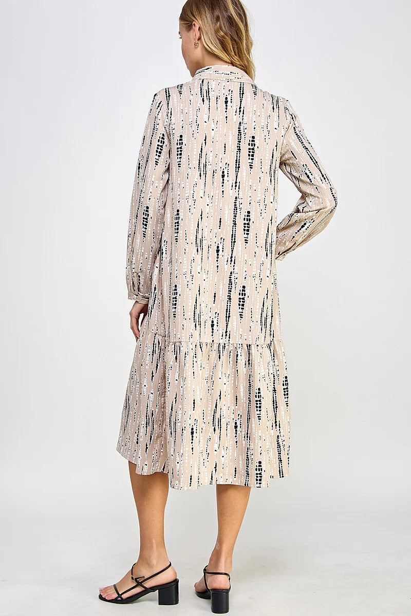 PRINTED WOVEN BUTTON DOWN TIERED BLOUSE MIDI DRESS