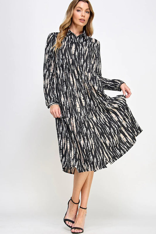 PRINTED WOVEN BUTTON DOWN TIERED BLOUSE MIDI DRESS