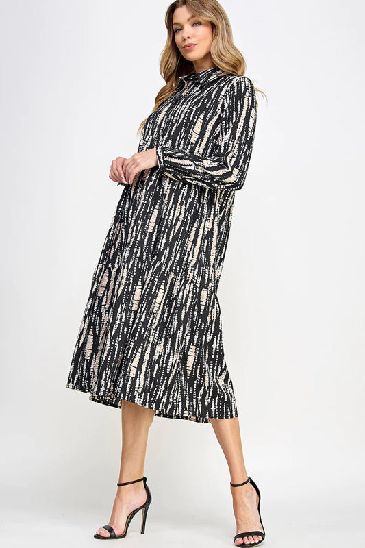 PRINTED WOVEN BUTTON DOWN TIERED BLOUSE MIDI DRESS