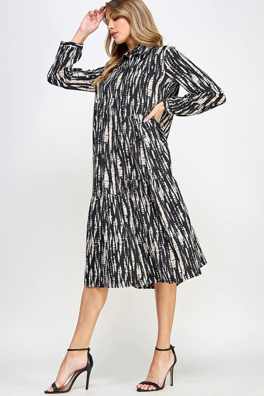 PRINTED WOVEN BUTTON DOWN TIERED BLOUSE MIDI DRESS