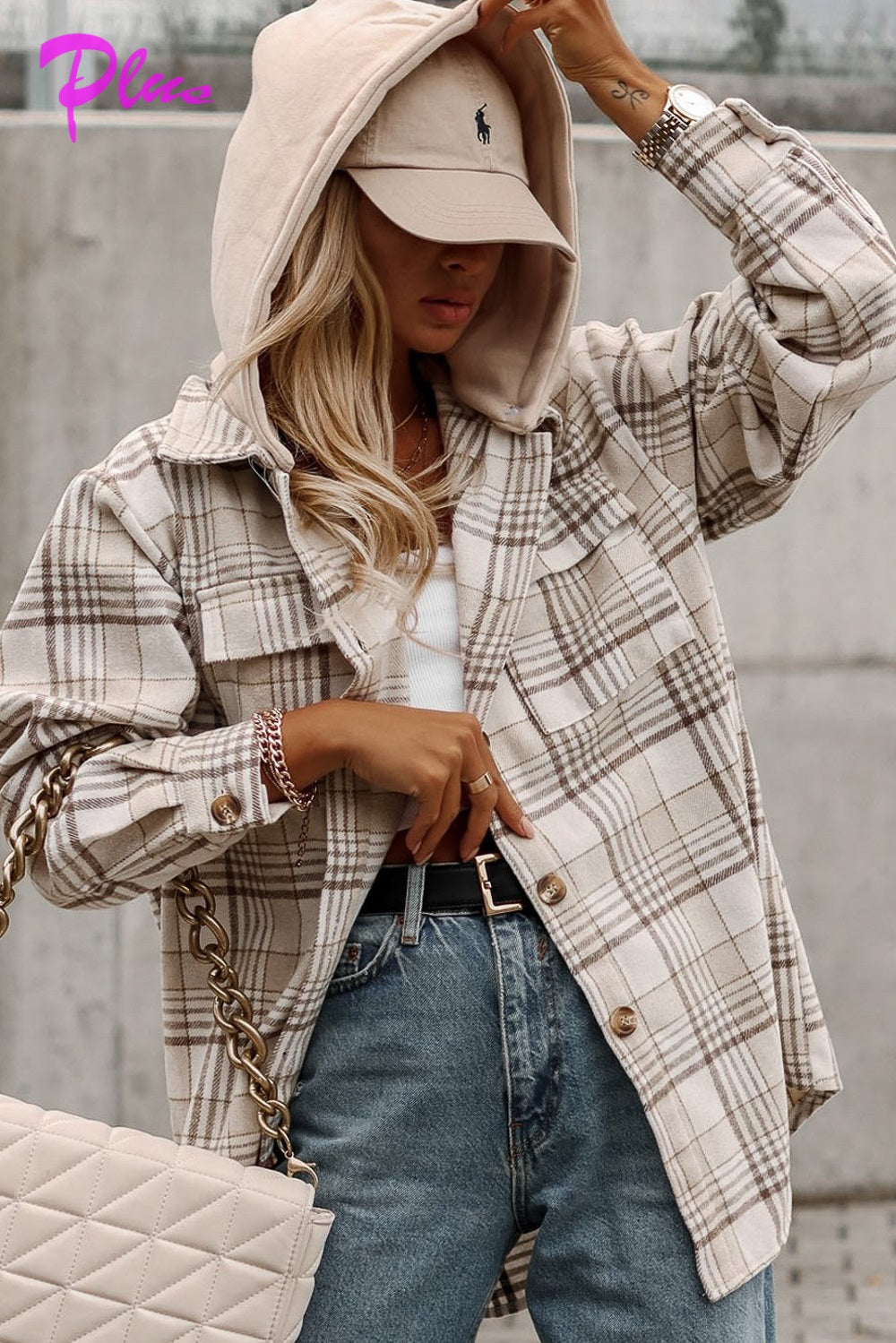 PLUS PLAID BUTTON DOWN REMOVABLE HOOD SHACKET