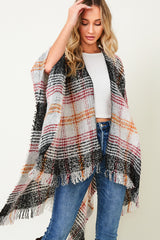 MULTI COLOR PLAID FRINGE TRIM PONCHO SHAWL