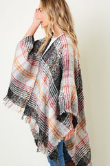 MULTI COLOR PLAID FRINGE TRIM PONCHO SHAWL