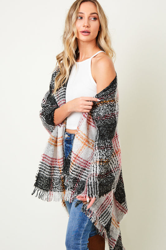 MULTI COLOR PLAID FRINGE TRIM PONCHO SHAWL