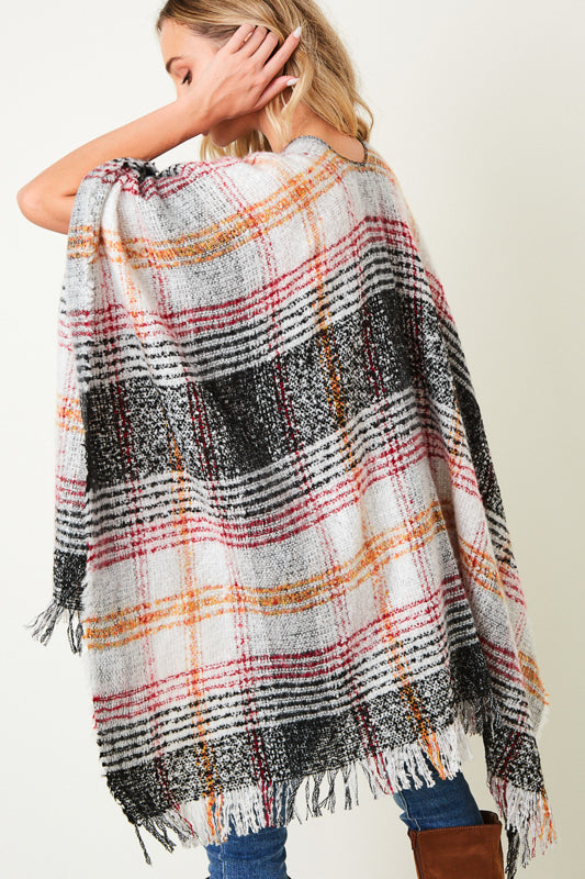 MULTI COLOR PLAID FRINGE TRIM PONCHO SHAWL