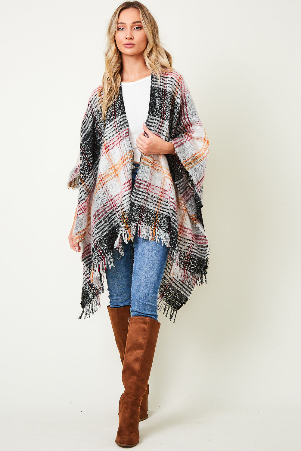 MULTI COLOR PLAID FRINGE TRIM PONCHO SHAWL