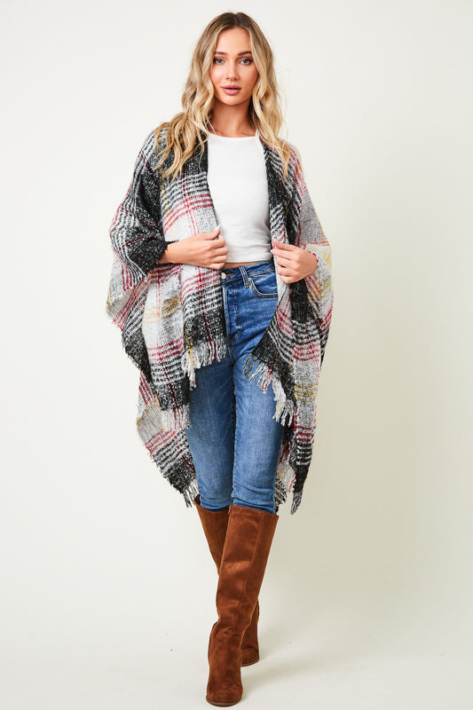 MULTI COLOR PLAID FRINGE TRIM PONCHO SHAWL