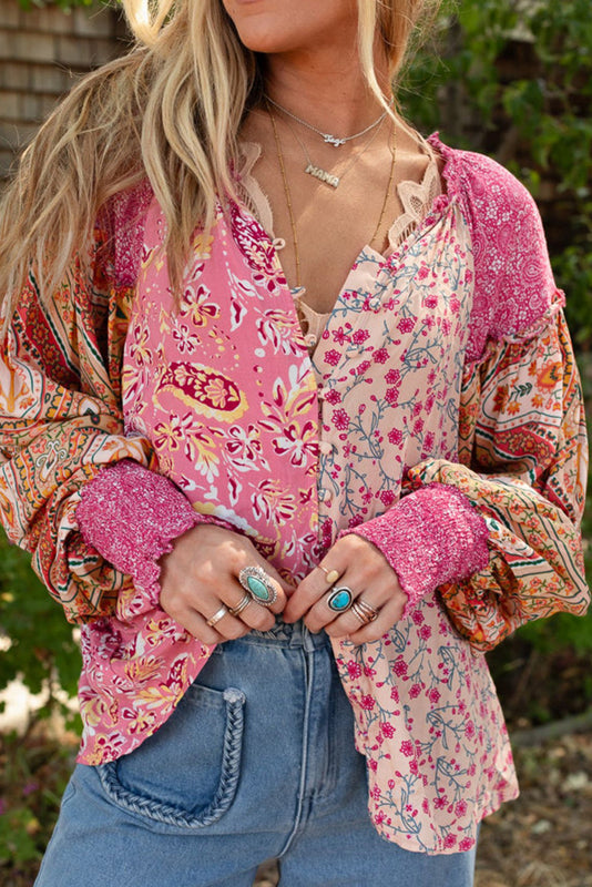 PAISLEY AND FLORAL PRINT MIXED BUTTON DOWN BLOUSE TOP