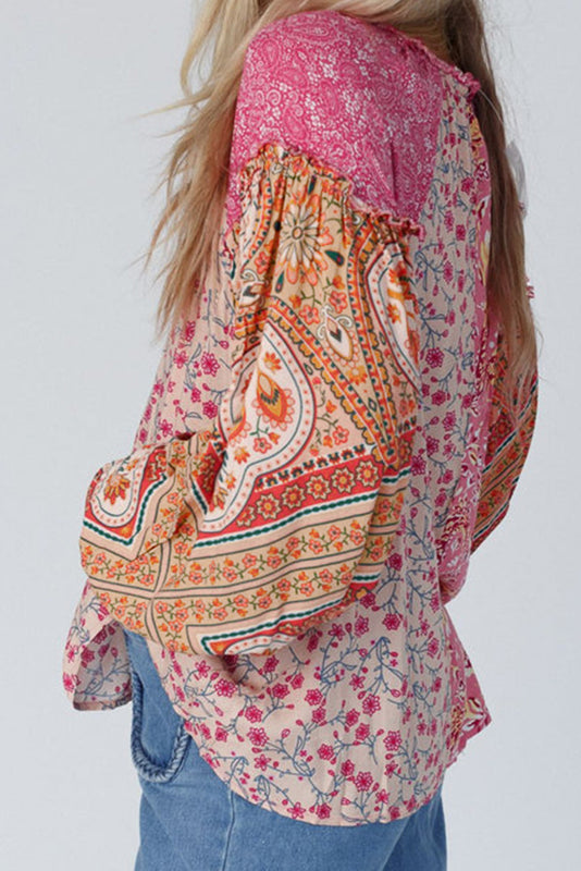 PAISLEY AND FLORAL PRINT MIXED BUTTON DOWN BLOUSE TOP