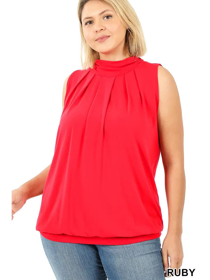 SI-15592 Plus Size High Neck Pleated Top with Waistband