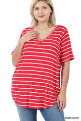 SI-22149 Plus Size Stripe V-Neck Short Sleeve Top