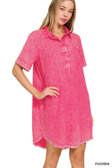 SI-25619 Washed Linen Raw Edge Button Down V-Neck Dress