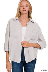 SI-24849 Double Gauze Button Down Roll Up Long Sleeve Shirt