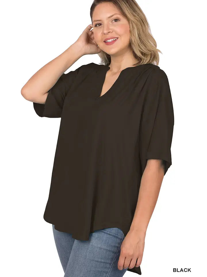 SI-22863 Plus Size Woven Split Neck Short Sleeve Top