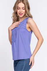 SI-24530 Fitted Sleeveless Lace Yoke Rib Knit Top