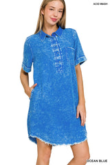 SI-25619 Washed Linen Raw Edge Button Down V-Neck Dress