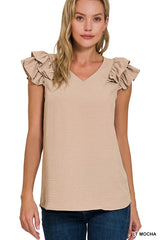 SI-25823 Woven Airflow Tiered Ruffle Sleeve Top