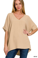 SI-24277 Woven Airflow V-Neck Dolman Short Sleeve Top