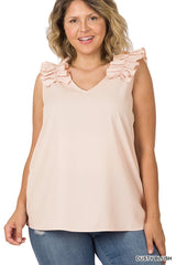 SI-22642 Plus Size Woven Wool Dobby Ruffle Trim Sleeveless Top