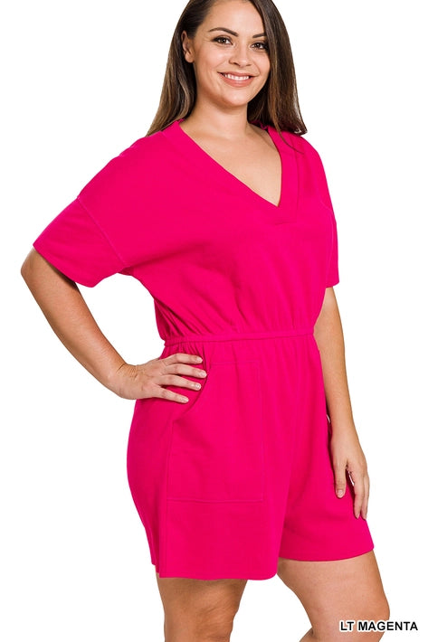 SI-22085 Plus Drop Shoulder V Neck Romper with Pockets