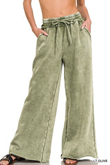 SI-26056 Acid Wash Fleece Palazzo Sweatpants with Pockets