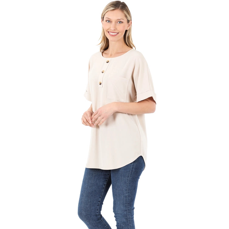 SI-19092 Woven Heavy Dobby Button Front Pocket Top