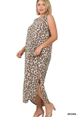 SI-22082 Plus Size Leopard Sleeveless Round Neck Maxi Dress with