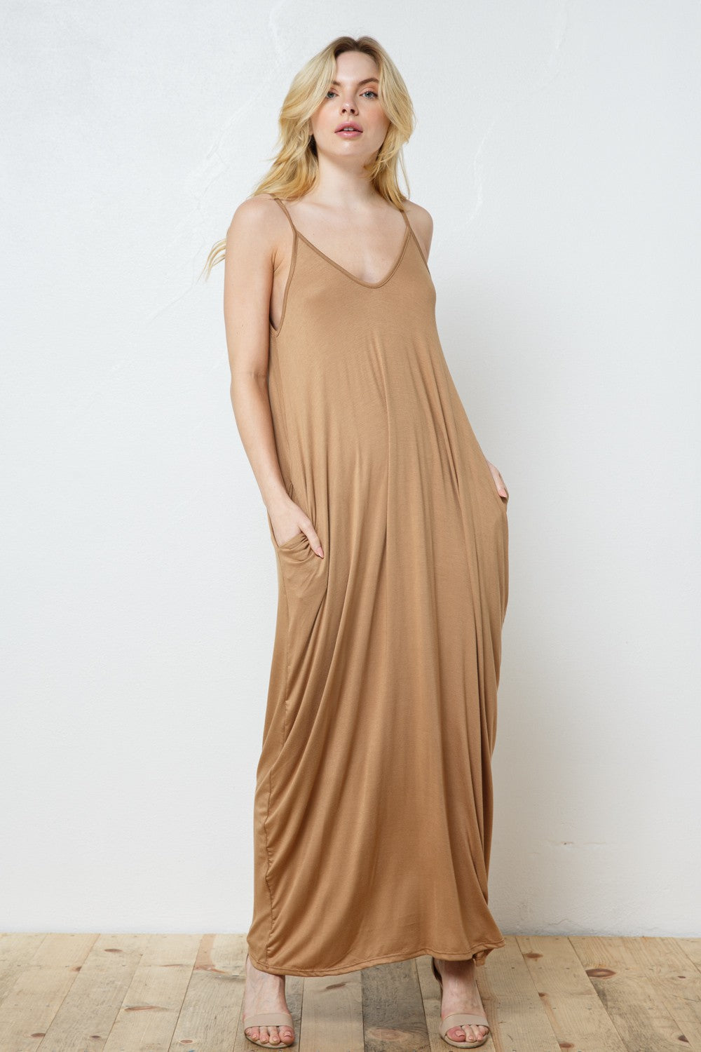 EN-D5883-KNIT OPEN SHOULDER V NECK HAREM MAXI DRESS