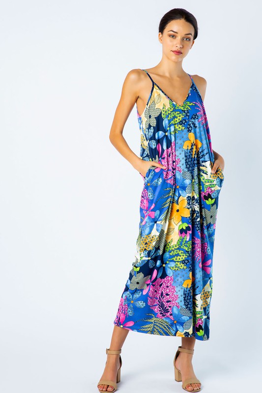 EN-D11267C-TROPICAL PRINT OPEN SHOULDER HAREM MAXI DRESS