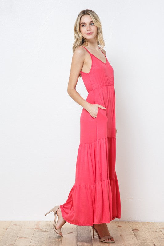 EN-D31338-Tiered Sleeveless Maxi Dress with Pockets