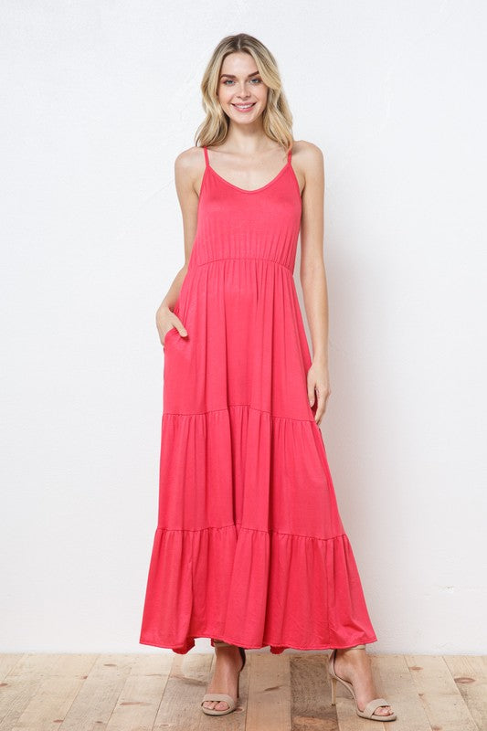 EN-D31338-Tiered Sleeveless Maxi Dress with Pockets