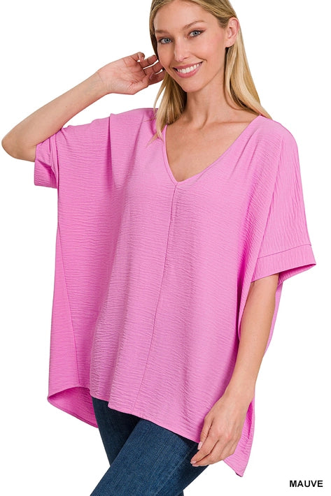 SI-24277 Woven Airflow V-Neck Dolman Short Sleeve Top