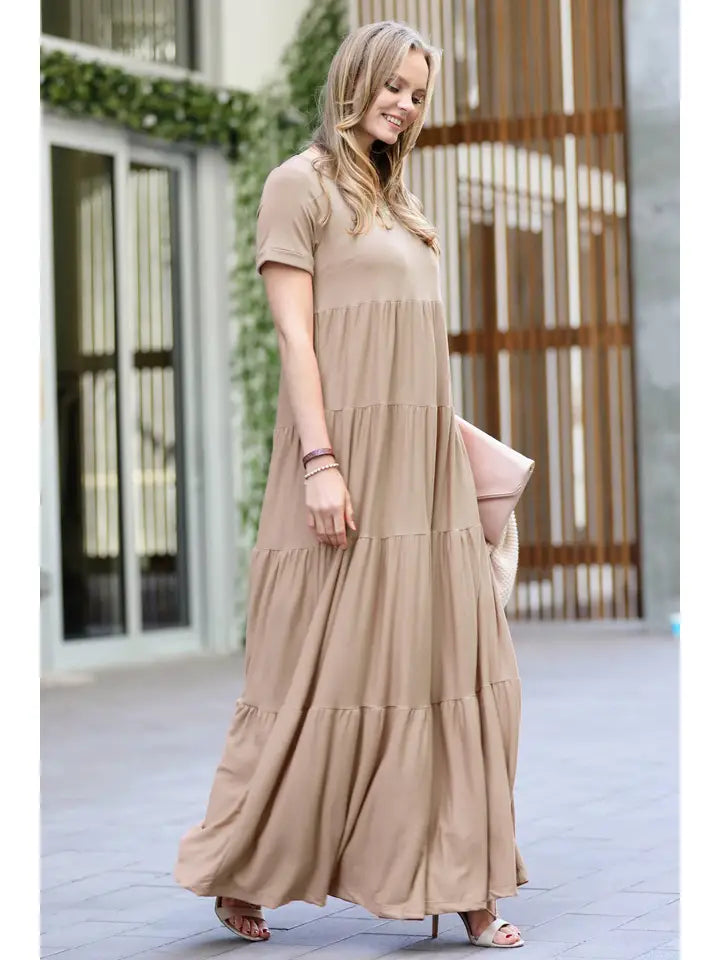 SI-22188 Short Sleeve Tiered Maxi Dress