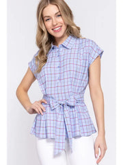 SI-24553 Slim Fit Button Down Belted Print Woven Top