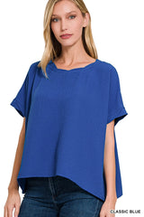 SI-25649 Woven Bubble Airflow Round Neck Short Sleeve Top