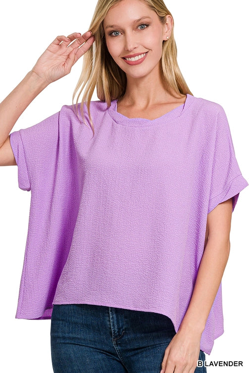 SI-25649 Woven Bubble Airflow Round Neck Short Sleeve Top